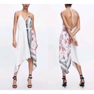 ZARA Combined Asymmetric Halter V-Neck Dress Rose Print Black/White/Red Sz S